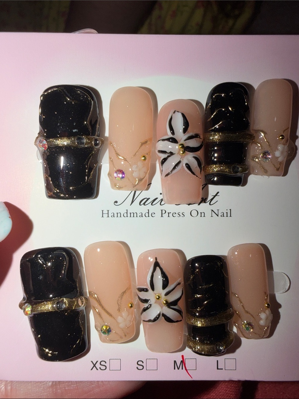 Handmade Press-On Nails Set - Nude & Black Floral Design